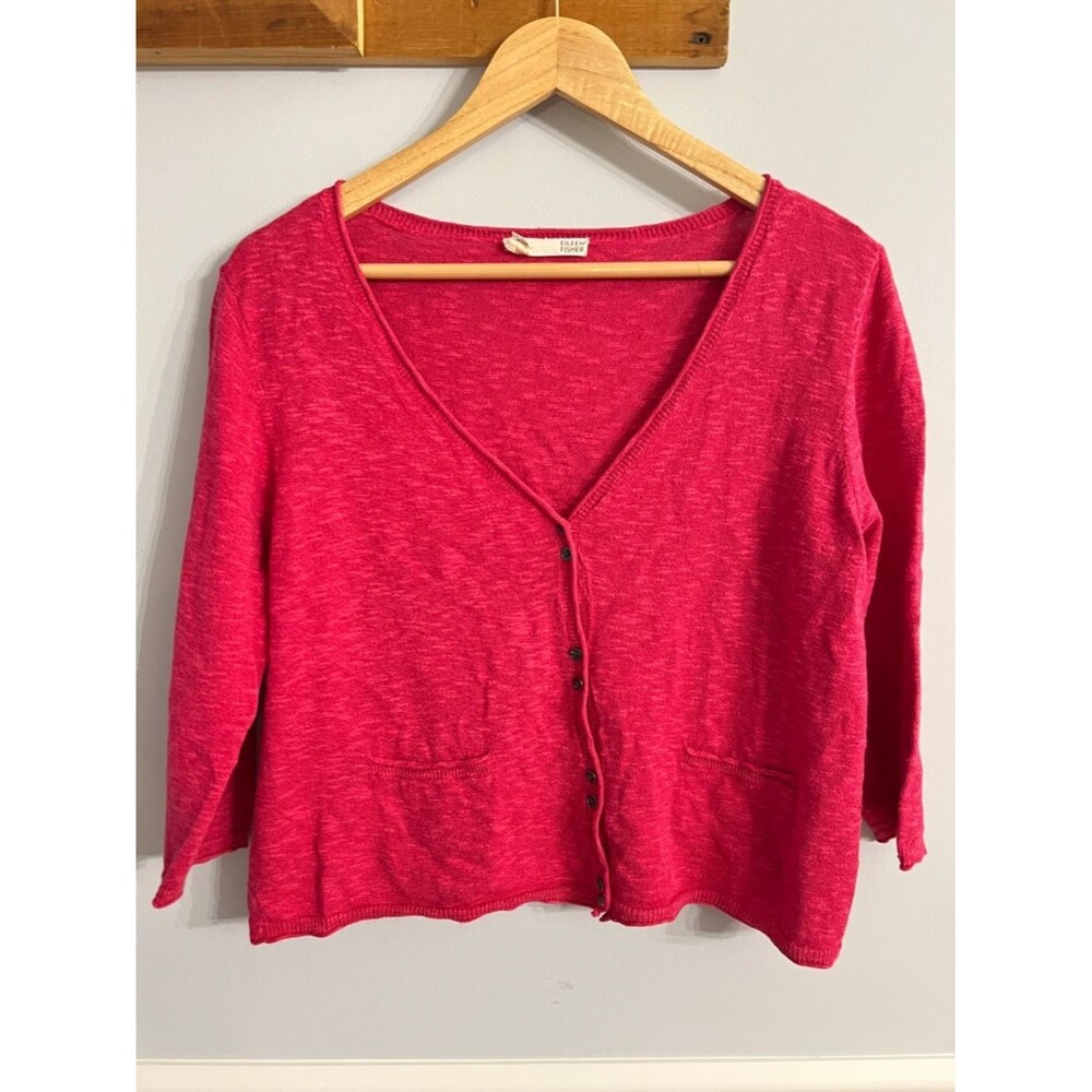 Eileen Fisher Linen Blend Cropped Cardigan Pink Size L Lightweight Summer